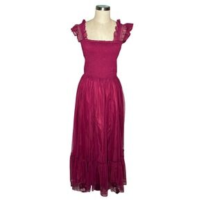 MELLODAY Magenta Smocked Tulle Maxi Dress Ruffle Square Neck Women's Medium NWT